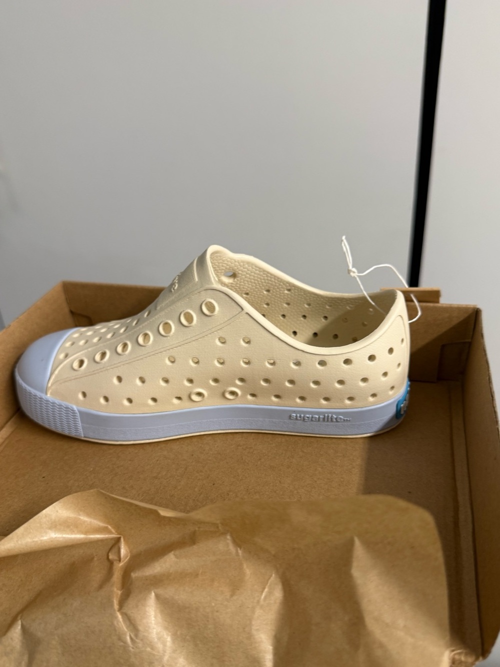 Native Shoes Slip-On in Pale Yellow with Light Blue Toe